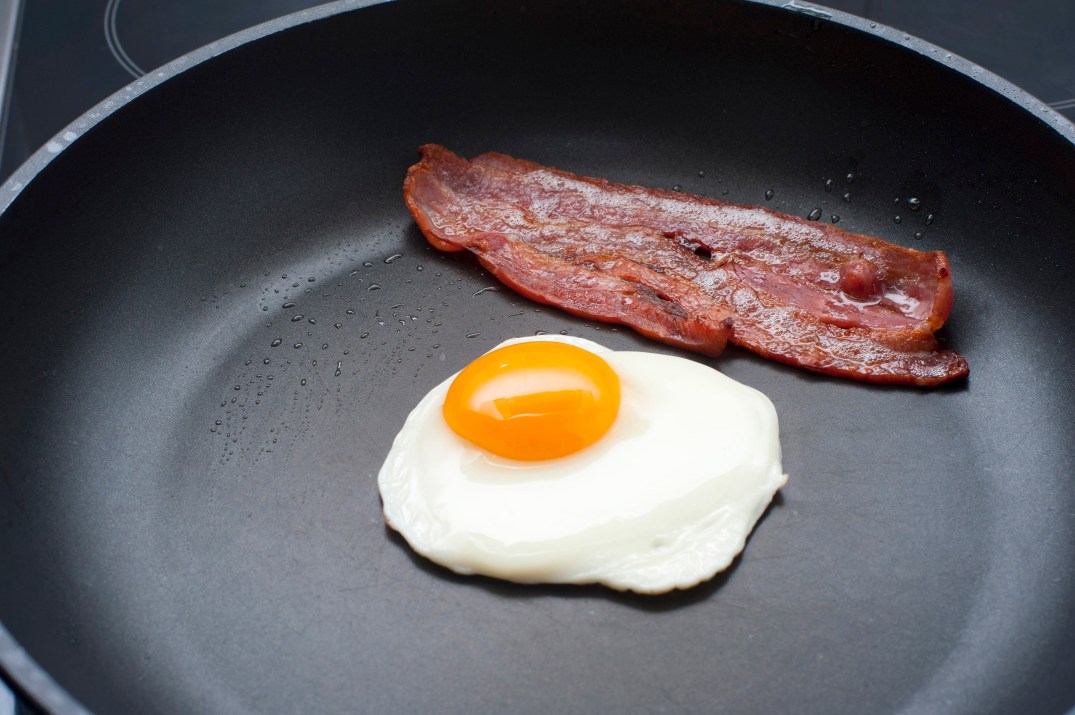 Fried egg and bacon in a pan